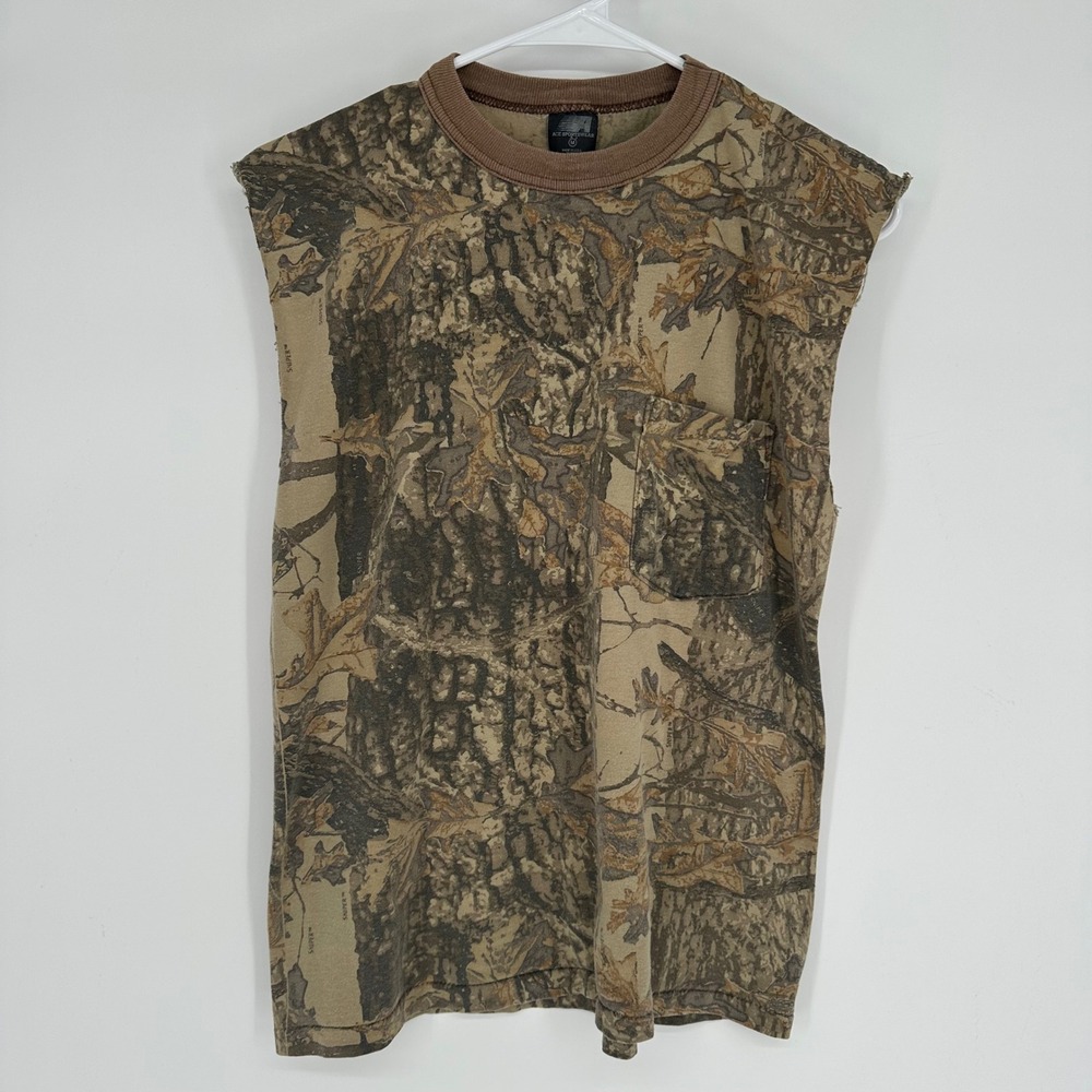 Vintage 80s Ace Sportswear Mens Sniper Camo Sleeveless Muscle Tee Pocket Shirt M